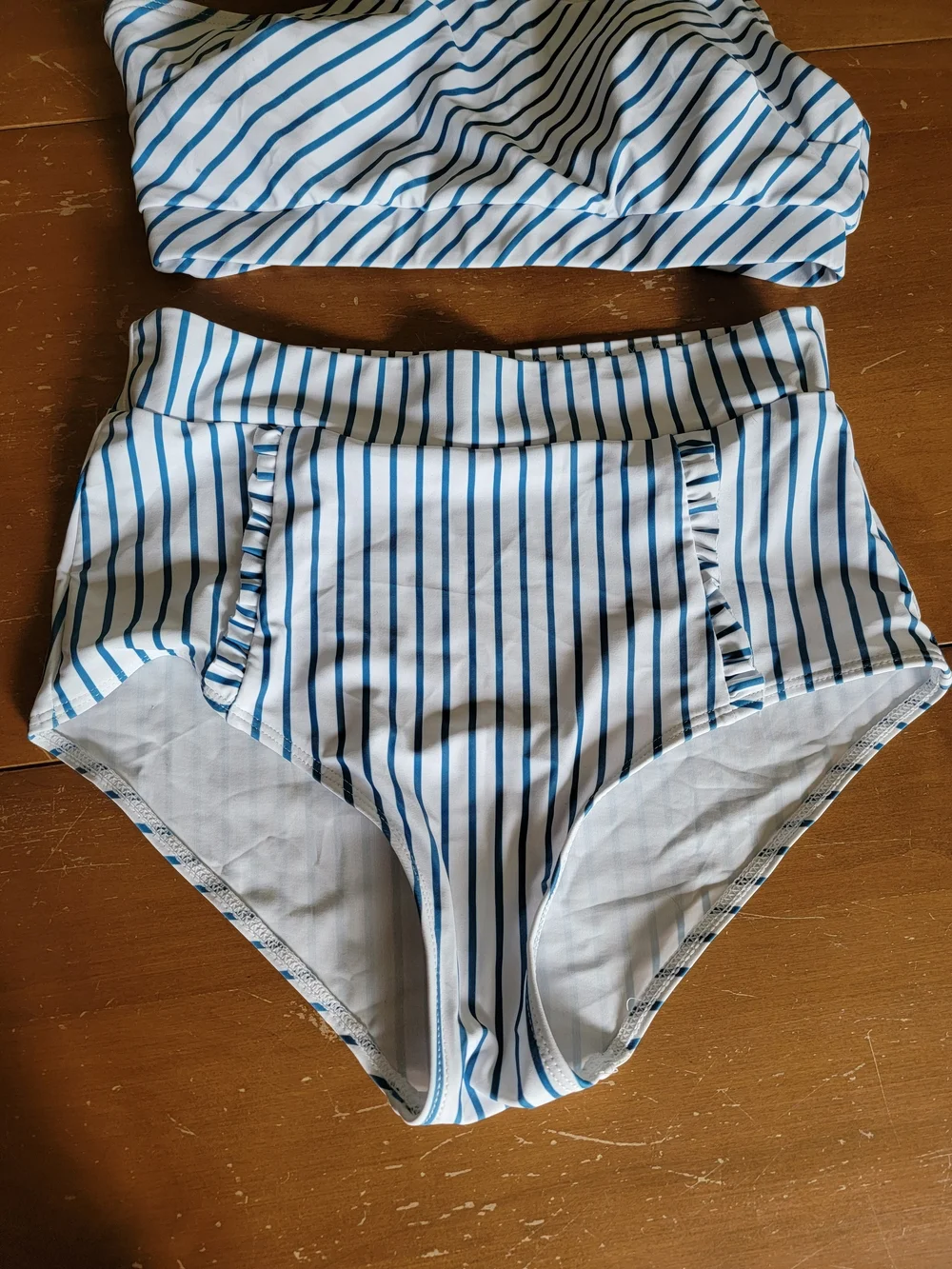 3 Piece Bikini Set One Shoulder Top With Two Coordinating Bottoms Blue/White S